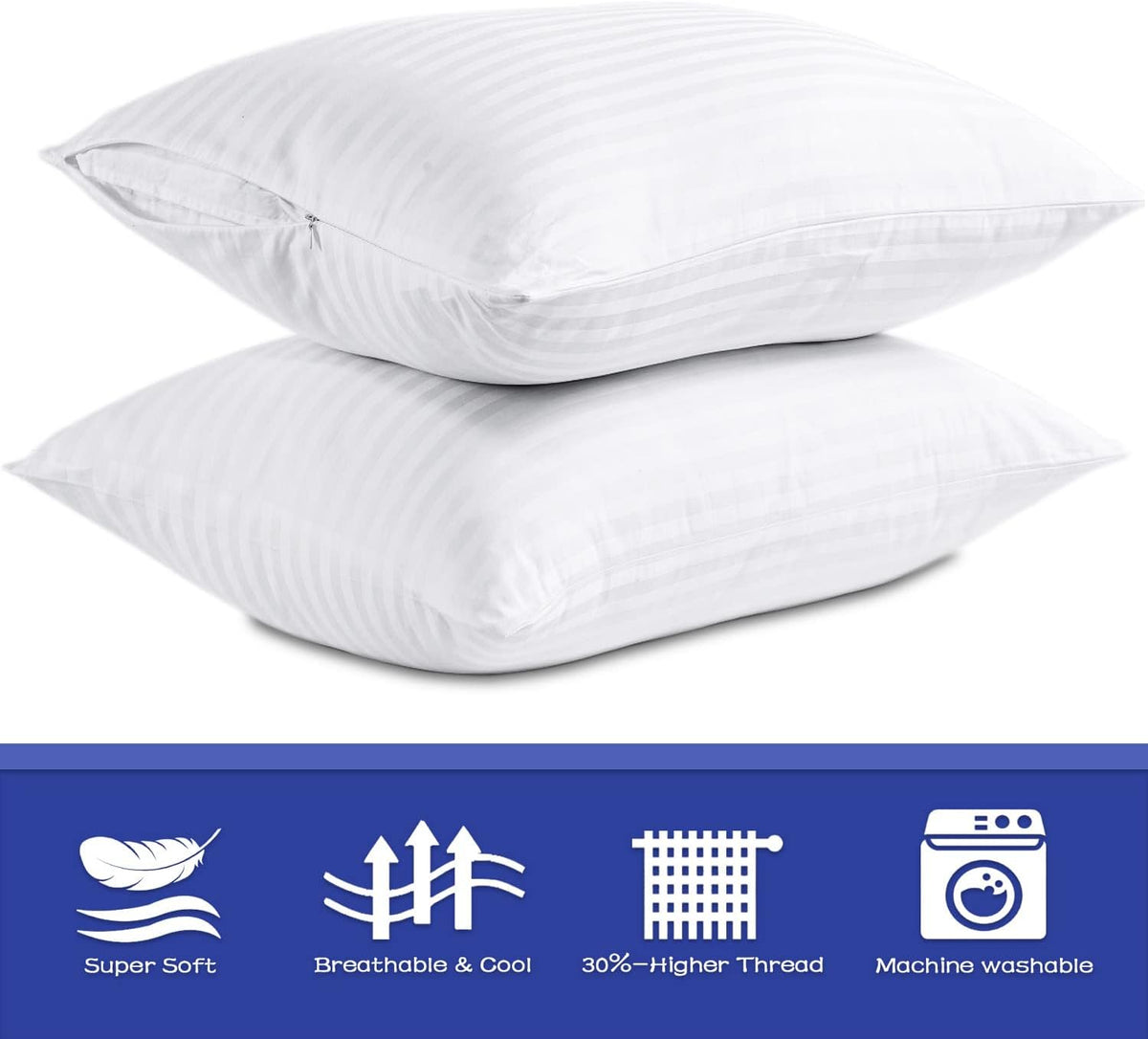100% Cotton King Pillow Protectors with Zipper, White Pillow Cases King Size Set of 2 for Home & Hotel, Sateen Soft Cooling Hidden…