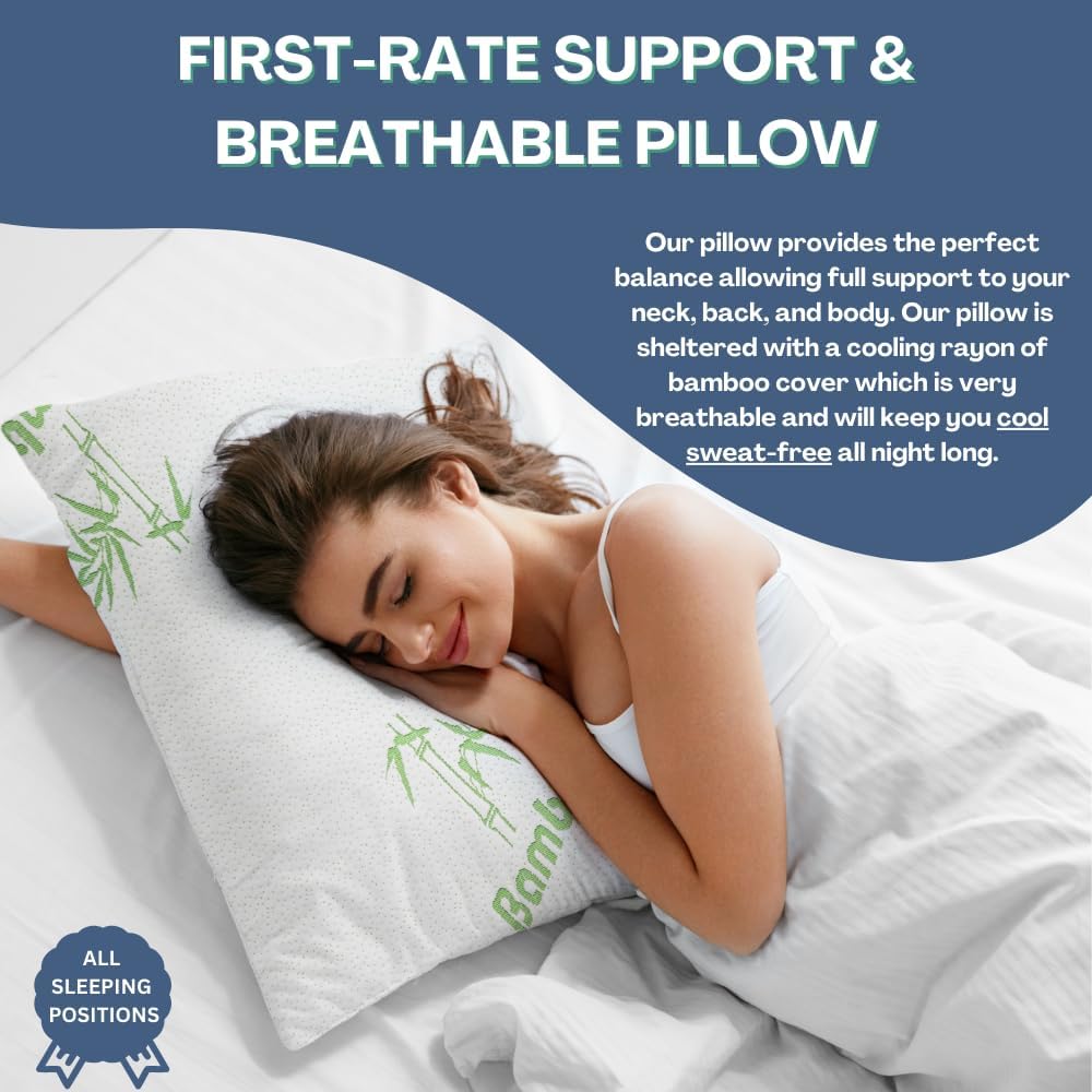 Memory Foam Rayon Bamboo Pillows Queen Size Set of 2 for Sleeping [Adjustable] - Cool & Breathable Cover with Zipper Rayon Bamboo…