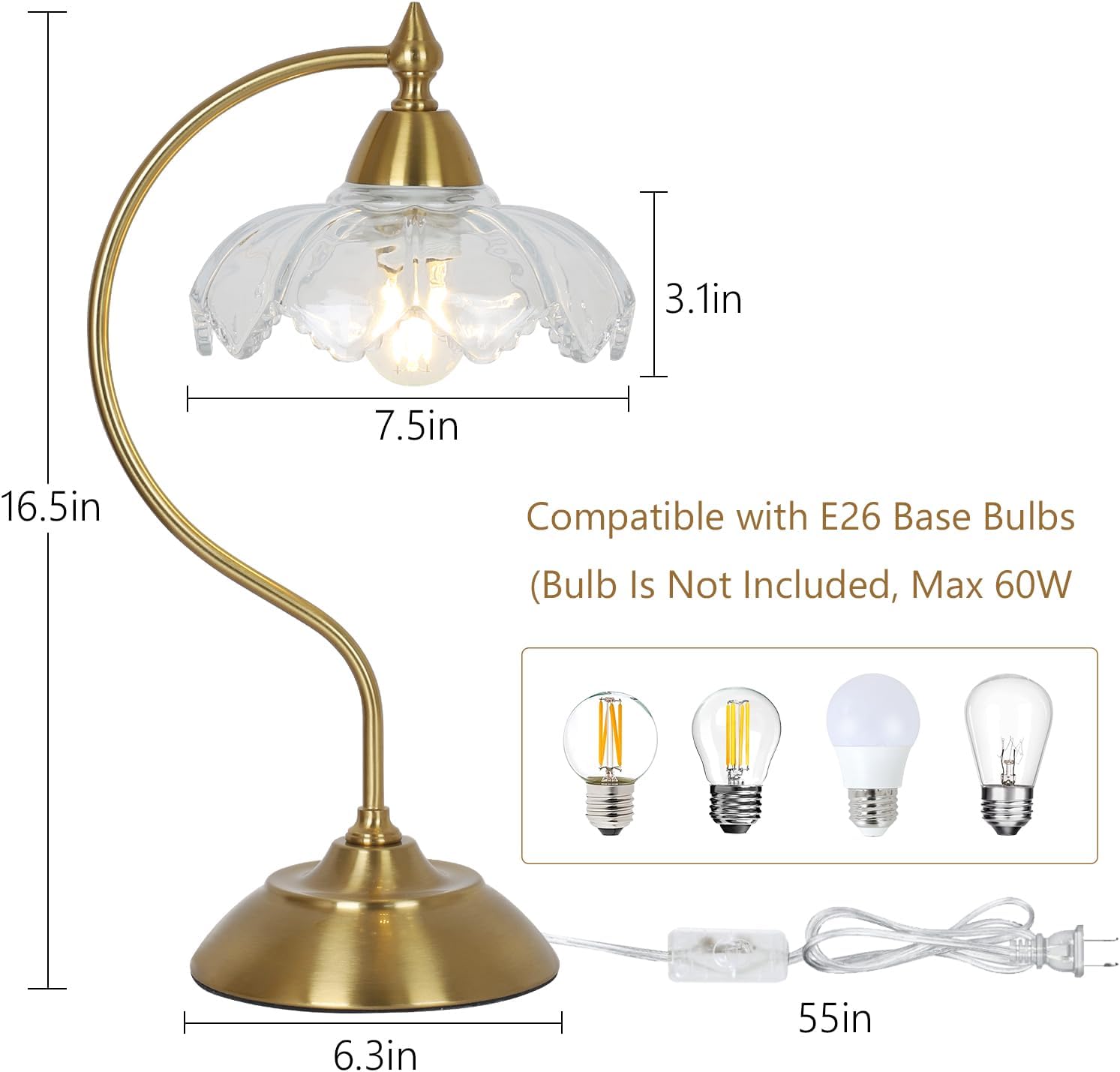 Glass Desk Lamp, Gold Table Lamps for Living Room, Brass Side Table Lamp with Clear Flower Shade, Desk Lamps for Home Office, Mid Century…