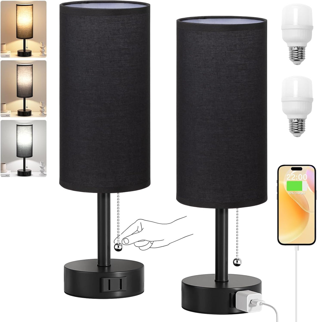 Fenmzee Black Bedside Table Lamps Set of 2-3 Color Temperatures Pull Chain Lamp with AC Outlet Charging Port, Round Night Stand Lamps for…