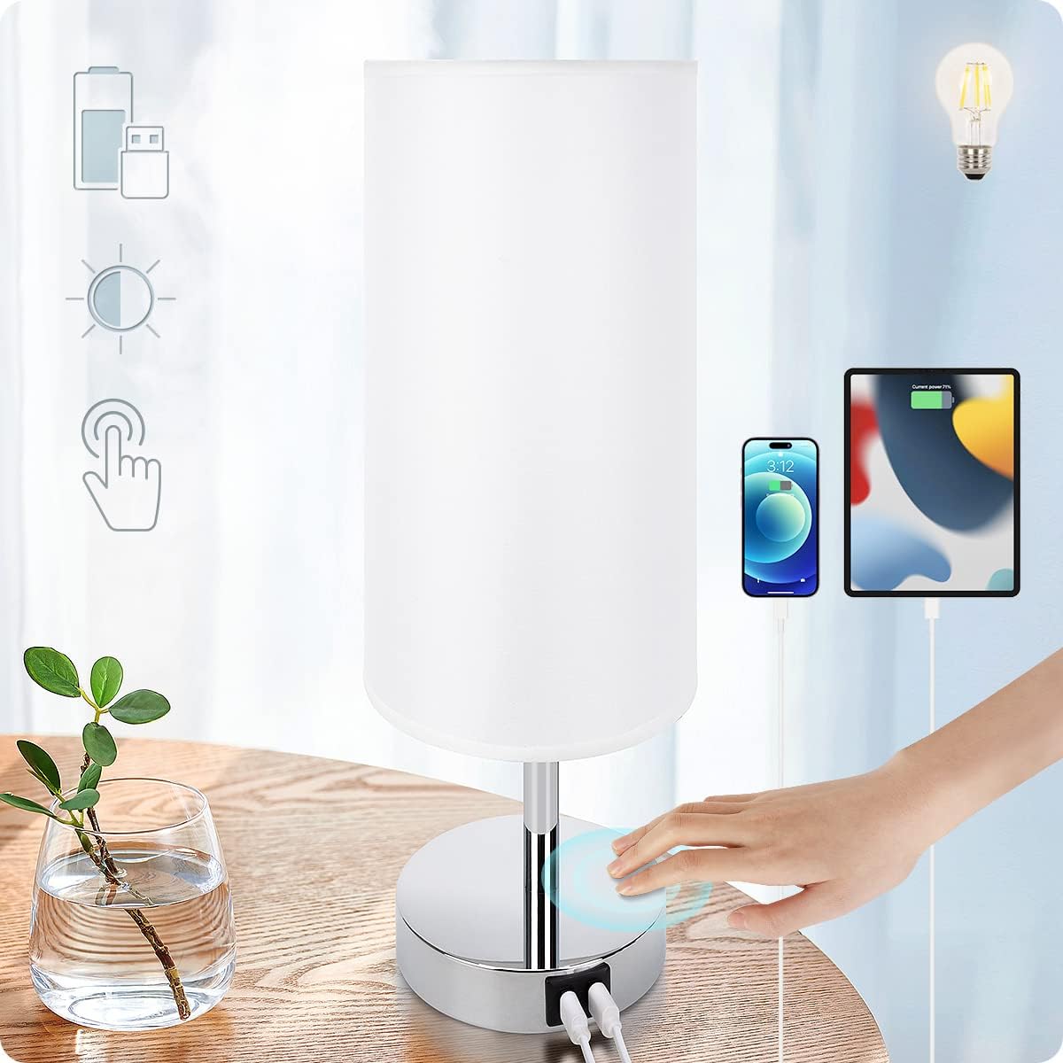 Yarra-Decor Bedside Lamp with USB Port - Touch Control Table Lamp for Bedroom 3 Way Dimmable Nightstand Lamp with Round White Fabric…