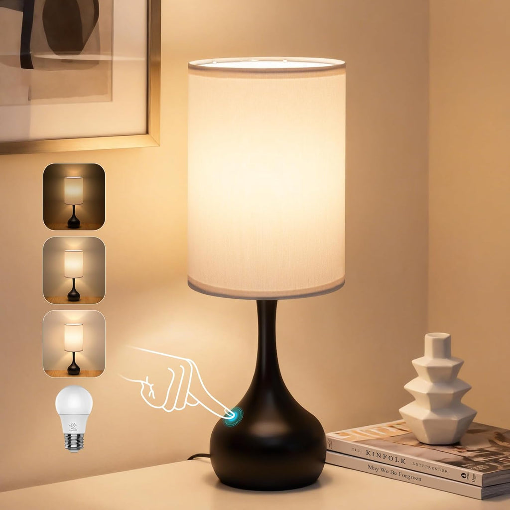 ONEWISH Touch Bedside Lamp for Bedroom, 3-Way Dimmable Table Lamps for Nightstand, White Fabric Shade Desk Lamp for Kids Reading, Living…