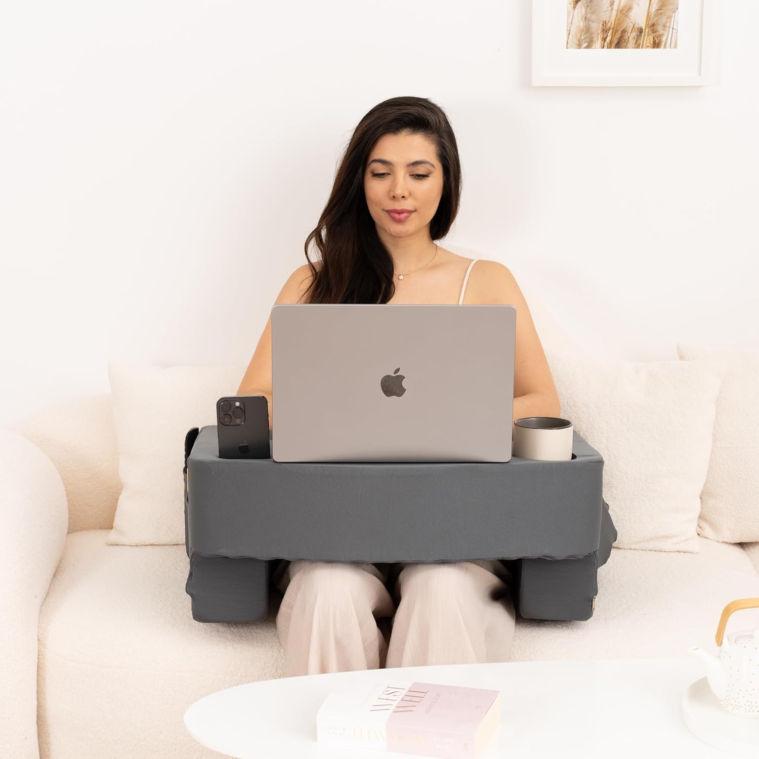 TabCouchCaddy Reading Pillow for Gaming – Extra Large Lap Desk & Arm Rest with Cup & Phone Holder, Adjustable Heights, Laptop Support…