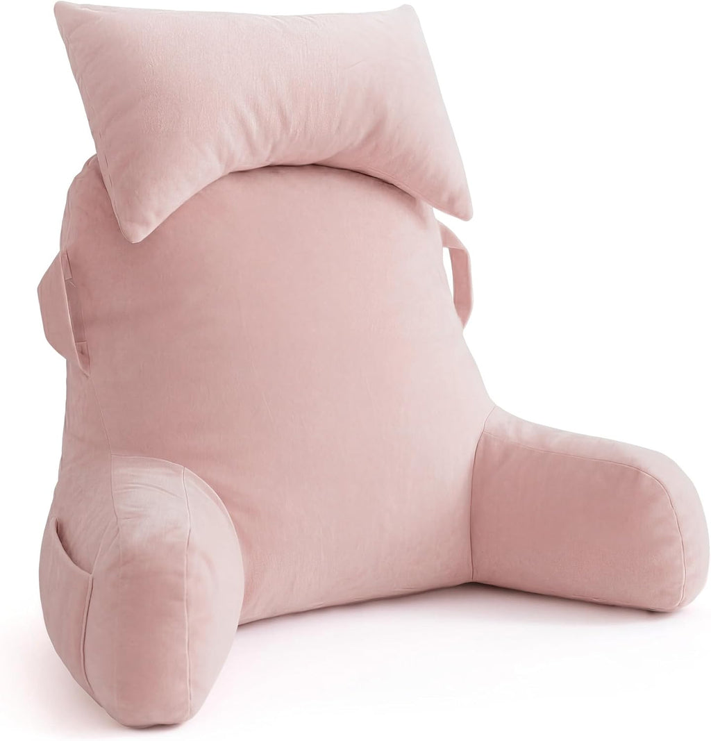Unisakey Portable Reading Pillows with Headrest for Bed Sitting Up(Pink Oeko-Tex), Velvet Back Pillow with Arms & Pockets for Adults…