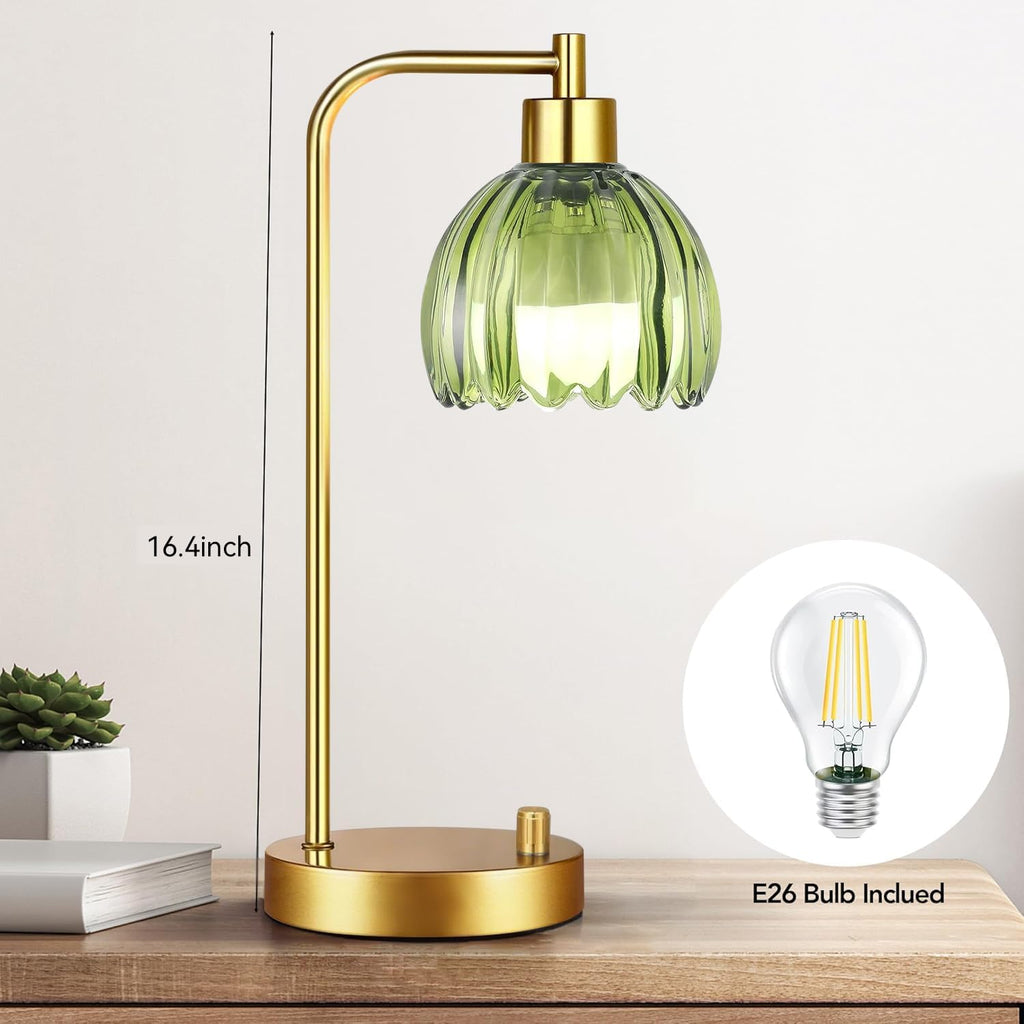 ILLMTW Green Table Lamp Set of 2, Small Glass Bedside Lamps Dimmable Boho Bedroom Lamp with Tulip Flower Lamp Shade, Gold Vintage Mid…
