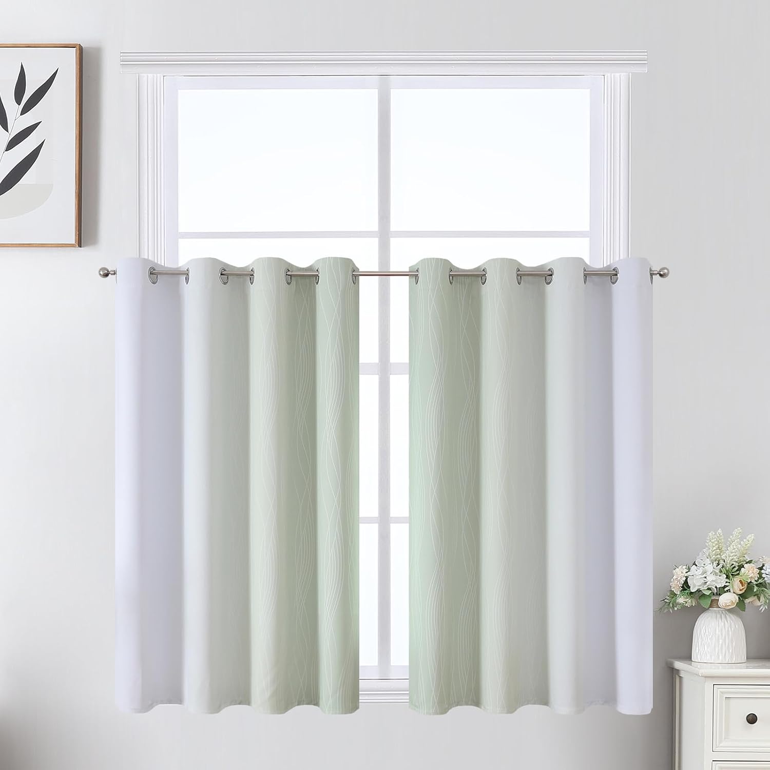 Estelartextiler Estelar Textiler Sage Green and Greyish White Ombre Short Blackout Cafe Curtains 36 Inch Length, Thermal Insulated Grommet…