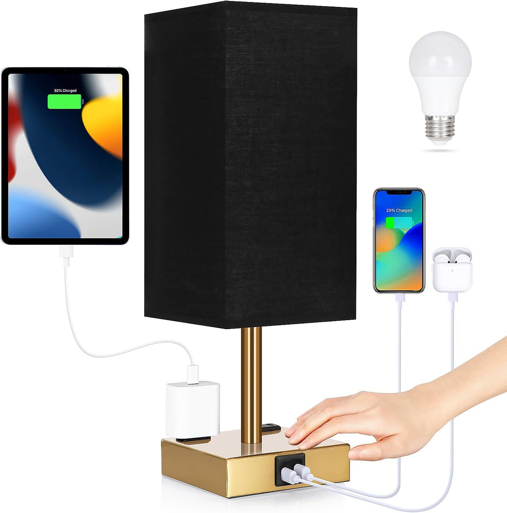 Bedside Lamp with USB Ports - Touch Control Table Lamp for Bedroom with USB C+A Charging Ports & AC Outlets, 3 Way Dimmable Nightstand…