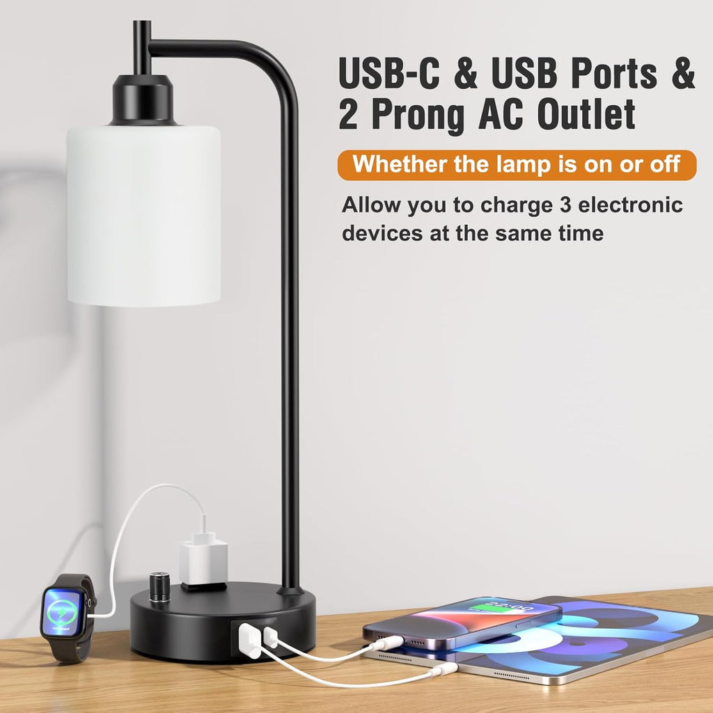 Industrial Bedroom Lamps for Nightstand Set of 2 - Fully Dimmable Bedside Lamps with USB A C Ports and Outlet, Black Table Lamps with…