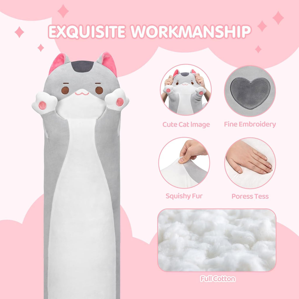 Mewaii Long Cat Plush Body Pillow, Cute Gray Cat Stuffed Animals Kawaii Plushies, Squishy Body Pillow Plush Toys for Kids Girls Boys (28…