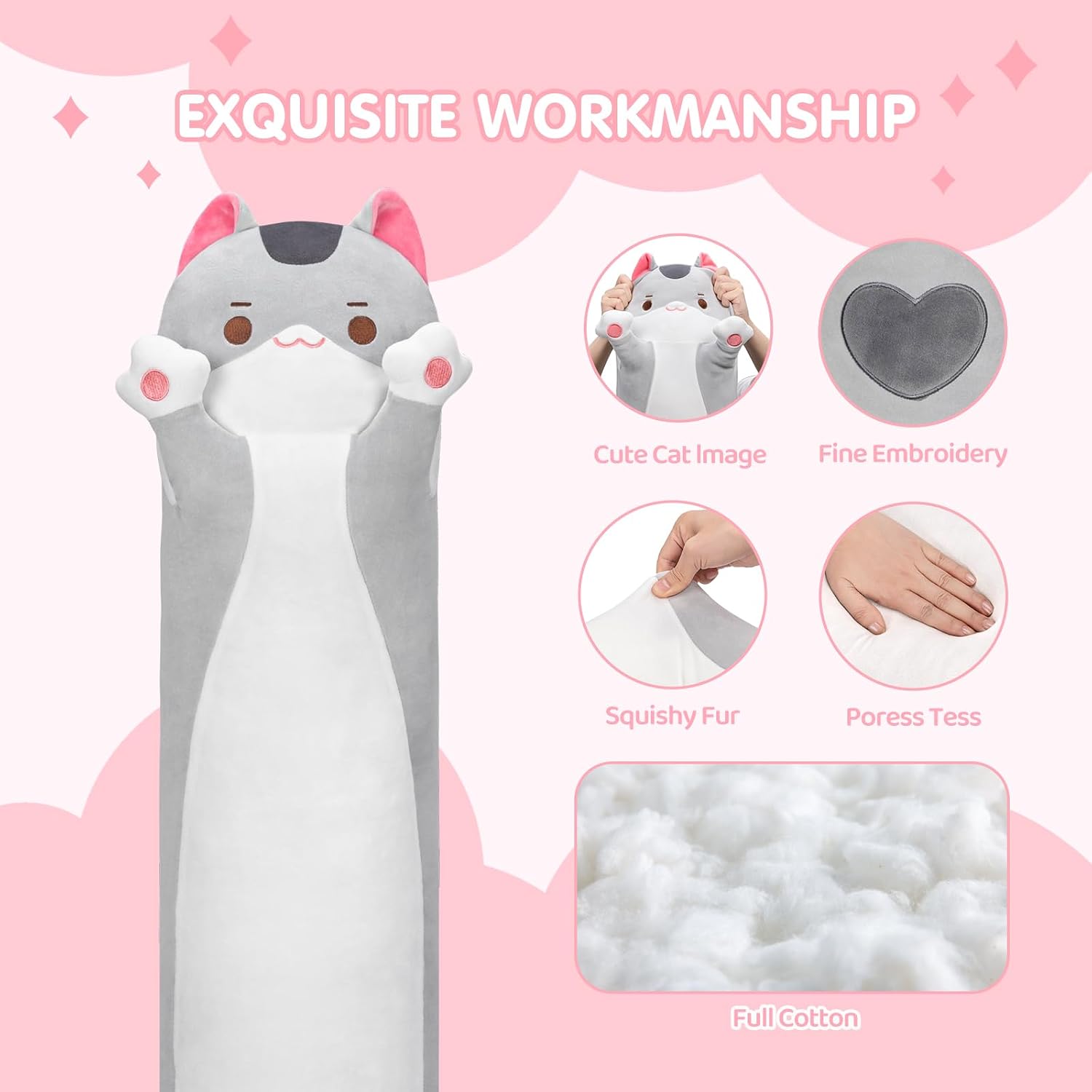 Mewaii Long Cat Plush Body Pillow, Cute Gray Cat Stuffed Animals Kawaii Plushies, Squishy Body Pillow Plush Toys for Kids Girls Boys (28…