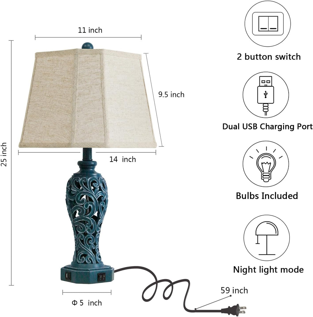 25'' Farmhouse Table Lamps Set of 2 for Living Room Bedroom, 2 USB Ports Coastal Vintage Table Lamp with Nightlight, Blue Green Hollow…