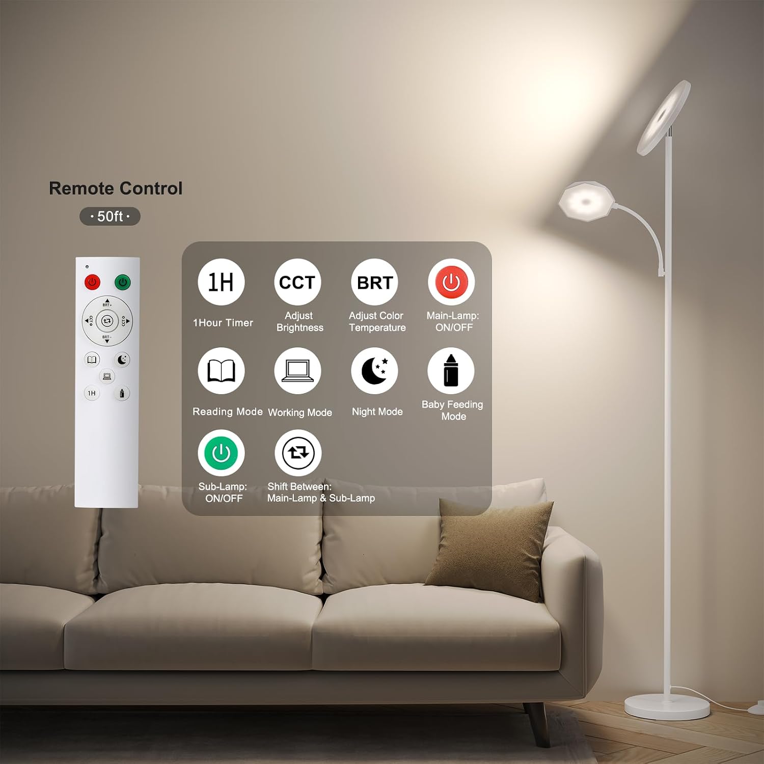 SUNMORY Floor Lamps for Living Room, 48W/4200LM Super Bright LED Floor Lamp with Remote Control, 69" Tall Standing Lamp with Stepless…