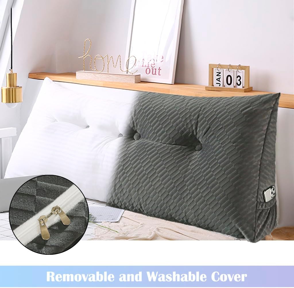 KCTVUIWS Triangular Headboard Pillow with Removable Cover & Side Pockets, Small Bed Wedge Pillow for Headboard, Daybed Sitting Backr…