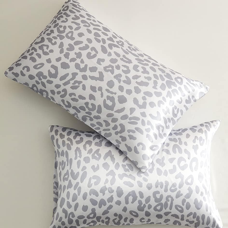 Lcbd Satin Pillowcase for Hair and Skin, Grey Leopard Printed Pillow Cases Set of 2, Standard Size Cheetah Print Silk Satin Pillow Covers f…