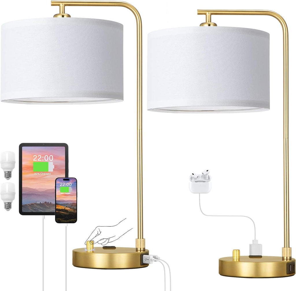 Innqoo Bedside Table Lamps for Bedroom Set of 2-Dimmable Nightstand Lamps with USB Port and Outlet, Modern Gold Lamps with Linen…