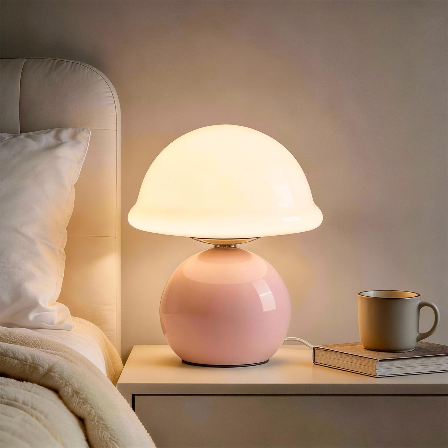 Mushroom Table Lamp for Bedroom, Cozy Bedside Lamp with Glass Shade, Stepless Dimmable Nightstand Lamp for Relaxing Bedroom Decor &…