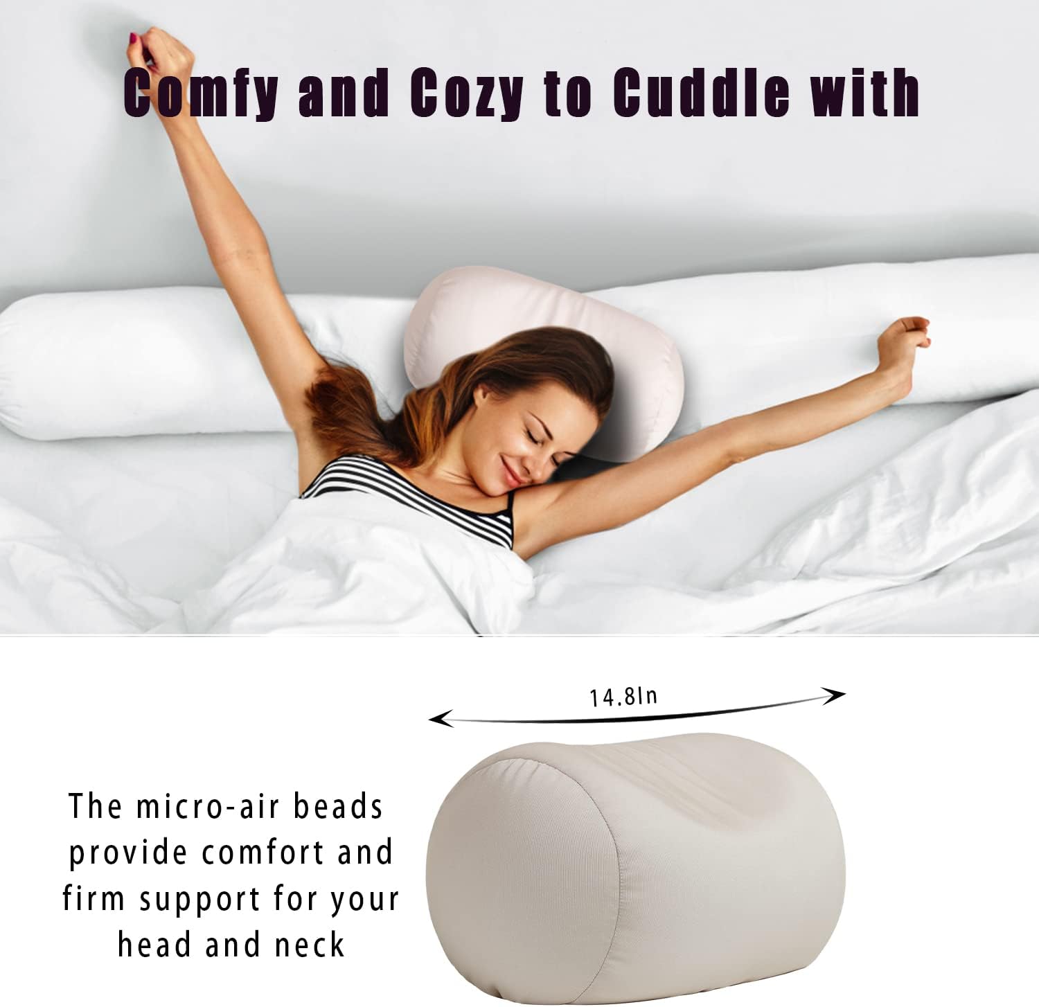Squish Bean Bed Microbead Pillow Bolster Tube Body Pillow Smooth Cool Touch Fabric Neck & Back Support Throw Travel Pillow Fun Colors…