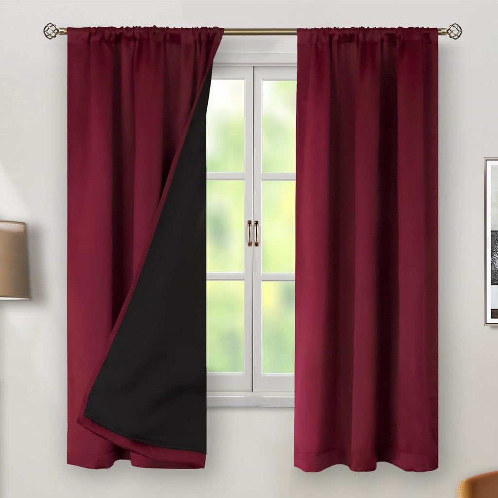 BGment Burgundy Red 100% Blackout Curtains 63 Inches Long with Thermal Insulated Liner, Rod Pocket and Back Tab Double Layer Full Room…