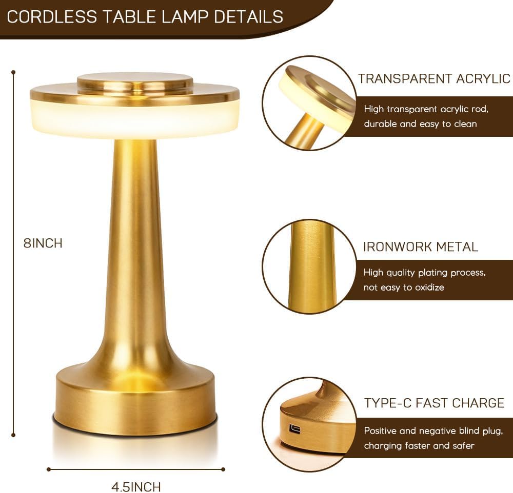 JHPGEOE Cordless Metal Desk Lamp, Touch Sensor Control LED Table Lamp, 3 Color Stepless Dimmable Battery Powered Lamp for Living Room…