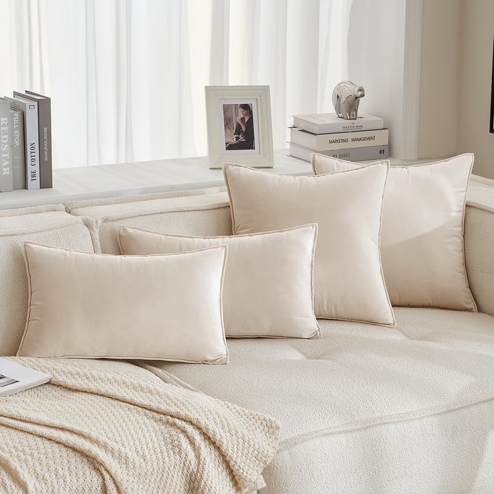 Miulee Cream White Velvet Throw Pillow Covers 24x24 Soft Decorative Solid Square Euro Sham Cushion Cases Pack of 2 Modern Luxury Home Decor…
