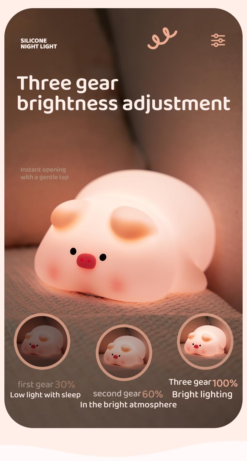 Atsuinightlight ATSUI Pig Night Light for Kids, Food Grade Silicone, Rechargeable, Tap Fun Kawaii Lamp for Kids Room, Adjustable Brightness…