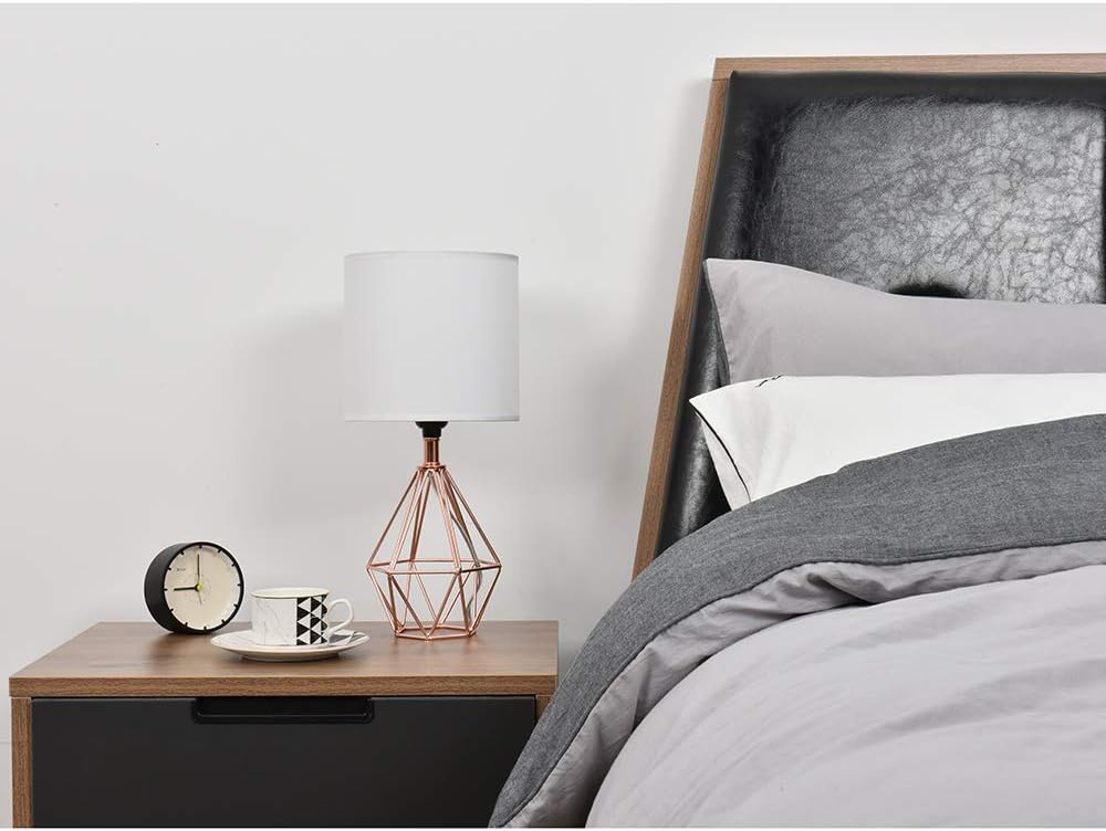 Rose Gold Bedside Table Lamp, Modern Small Desk Lamp with TC Fabric Shade Geometric Metal Base for Kids Living Room Bedroom Nightstand
