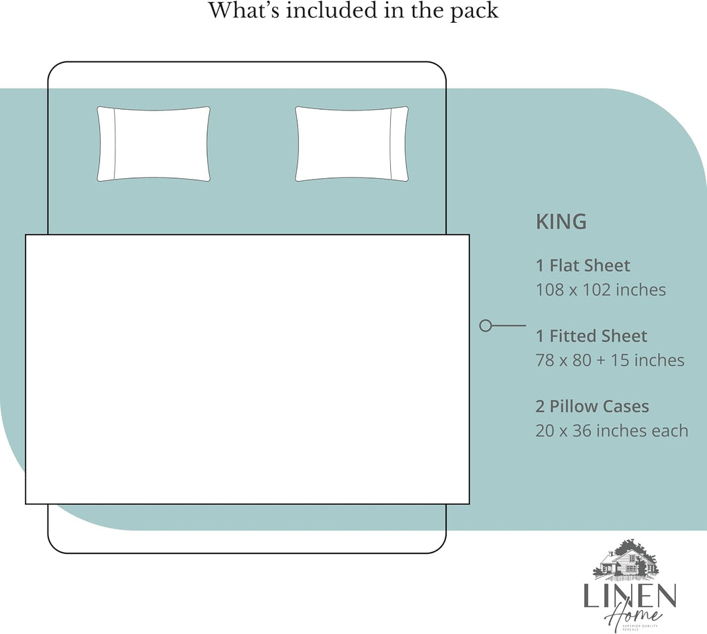 Linen Home 100% Cotton Percale Sheets King Size, Aqua Blue, Deep Pocket, 4 Pieces Set - 1 Flat, 1 Deep Pocket Fitted Sheet and 2…