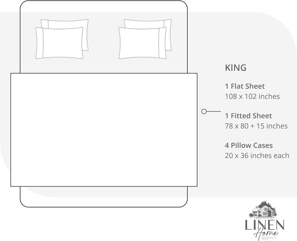 Linenhome Linen Home 6 Piece King Cotton Sheet Set, 100% Cotton Percale, 4 Pillowcases, Deep Pocket with All Around Elastic Sheet, Crisp Br…