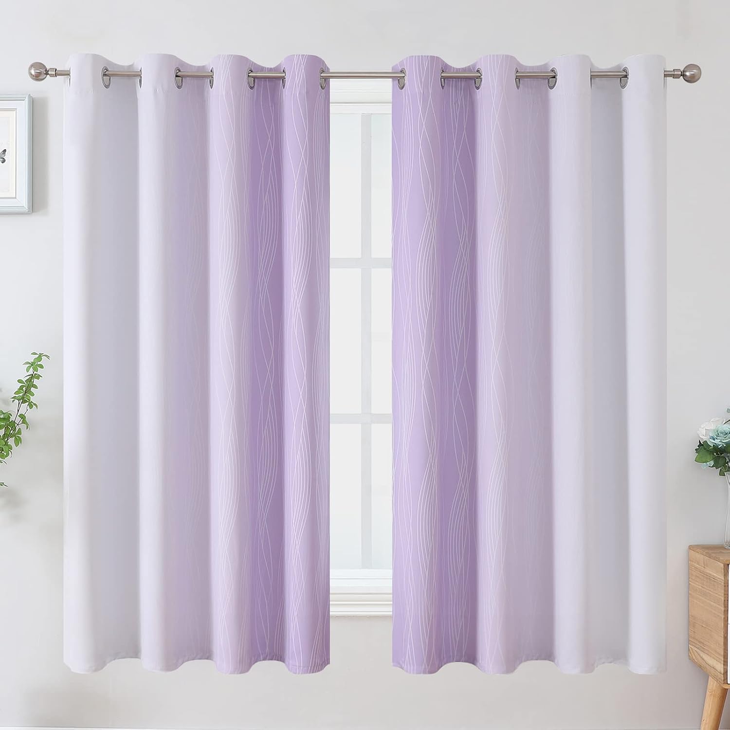 Estelartextiler Estelar Textiler Lilac and Greyish White Blackout Curtains 63 Inch Length 2 Panels Set, Room Darkening Grommet Ombre Curtai…