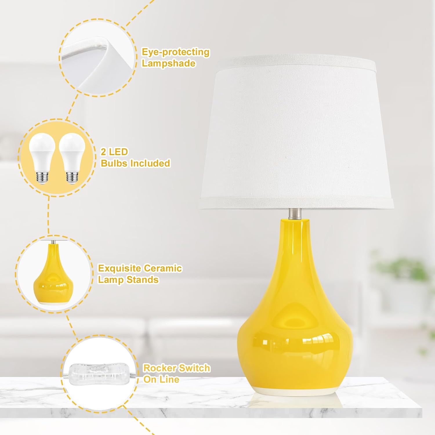 Seealle Modern Ceramic Table Lamps for Night Stands - Bedside Lamps Set of 2 for Nightstand, Yellow Bedroom Lamp for Living Room Cute Desk…