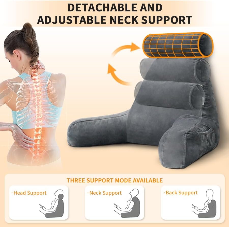 mittaGonG Reading Pillow for Sitting in Bed with Detachable Neck Roll & Big Bed Backrest Pillow Back Support Pillow Chair Pillow with Washa…