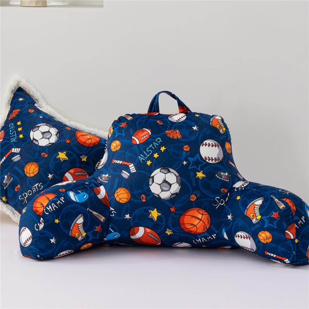 Ntbed Sport Ball Collection Printed Reading Pillow Bed Wedge Backrest with Arms, Couch TV Relax Bed Rest Pillow Back Support Cushion for Ki…