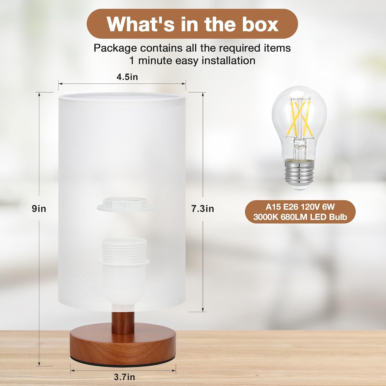 Fenmzee Small Table Lamp for Bedroom - Inline Control, Bedside Lamp with 3000K A15 LED Blub, Easy Assembly (White Shade - Walnut Base, 9"…