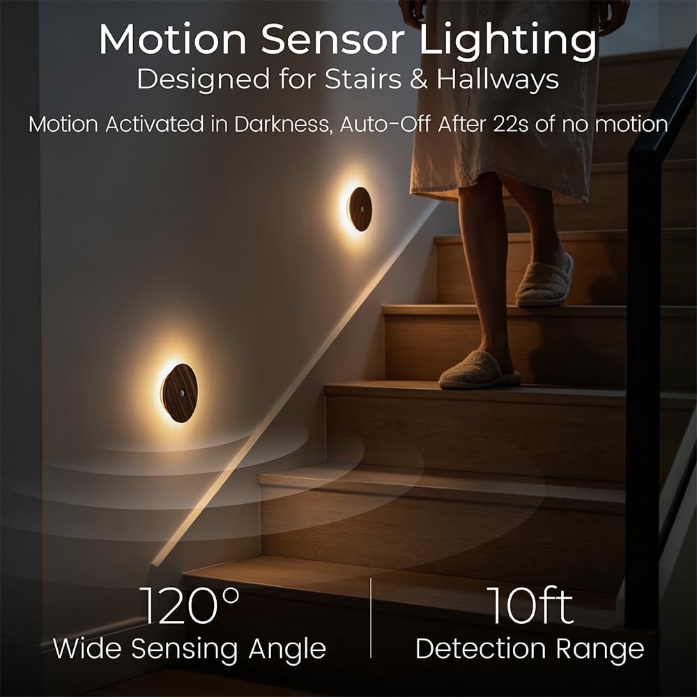 Motion Sensor Night Light Wood Rechargeable Battery-Powered Stick-On Step Lights Magnetic Closet Warm Nightlight for Hallway Bedroom…