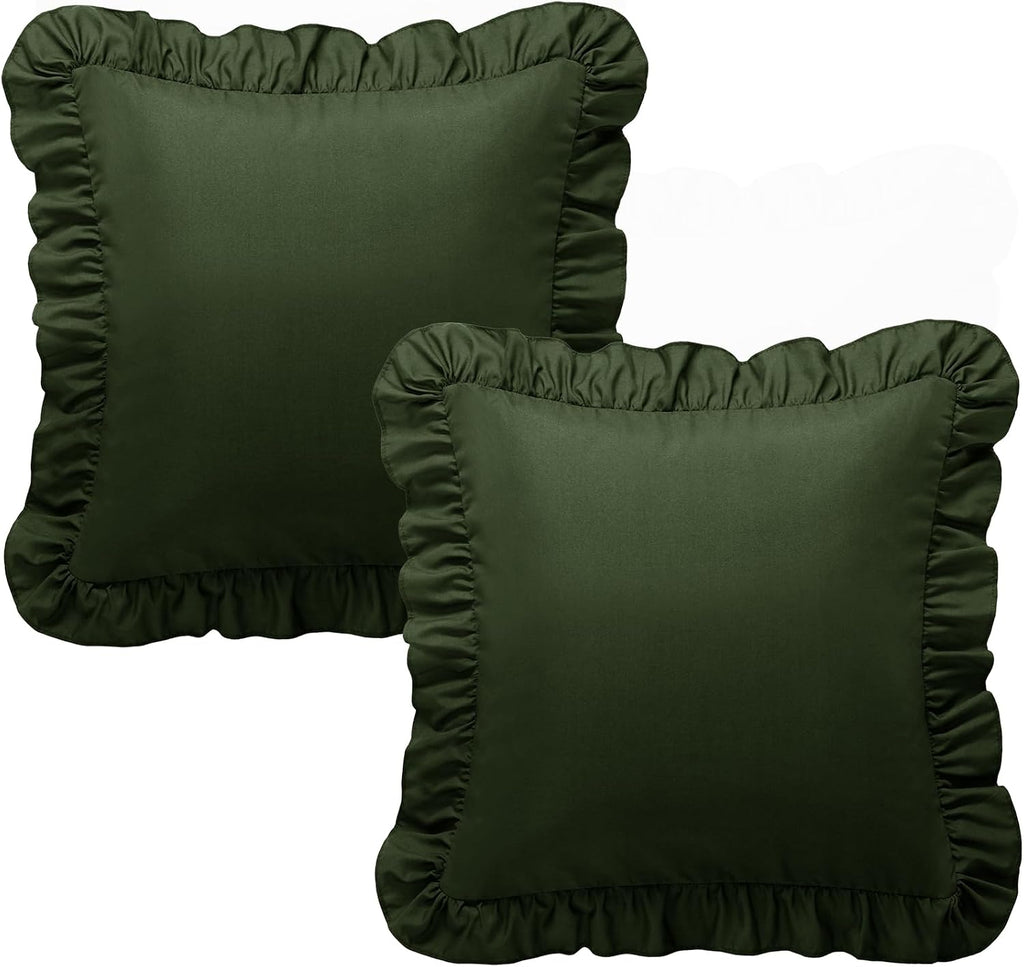 KKJIAF Ruffle Pillow Cases 18x18 Inches, Olive Green Square Ruffled Pillow Covers Set of 2, Microfiber Wrinkle Resistant Pillow Shams…