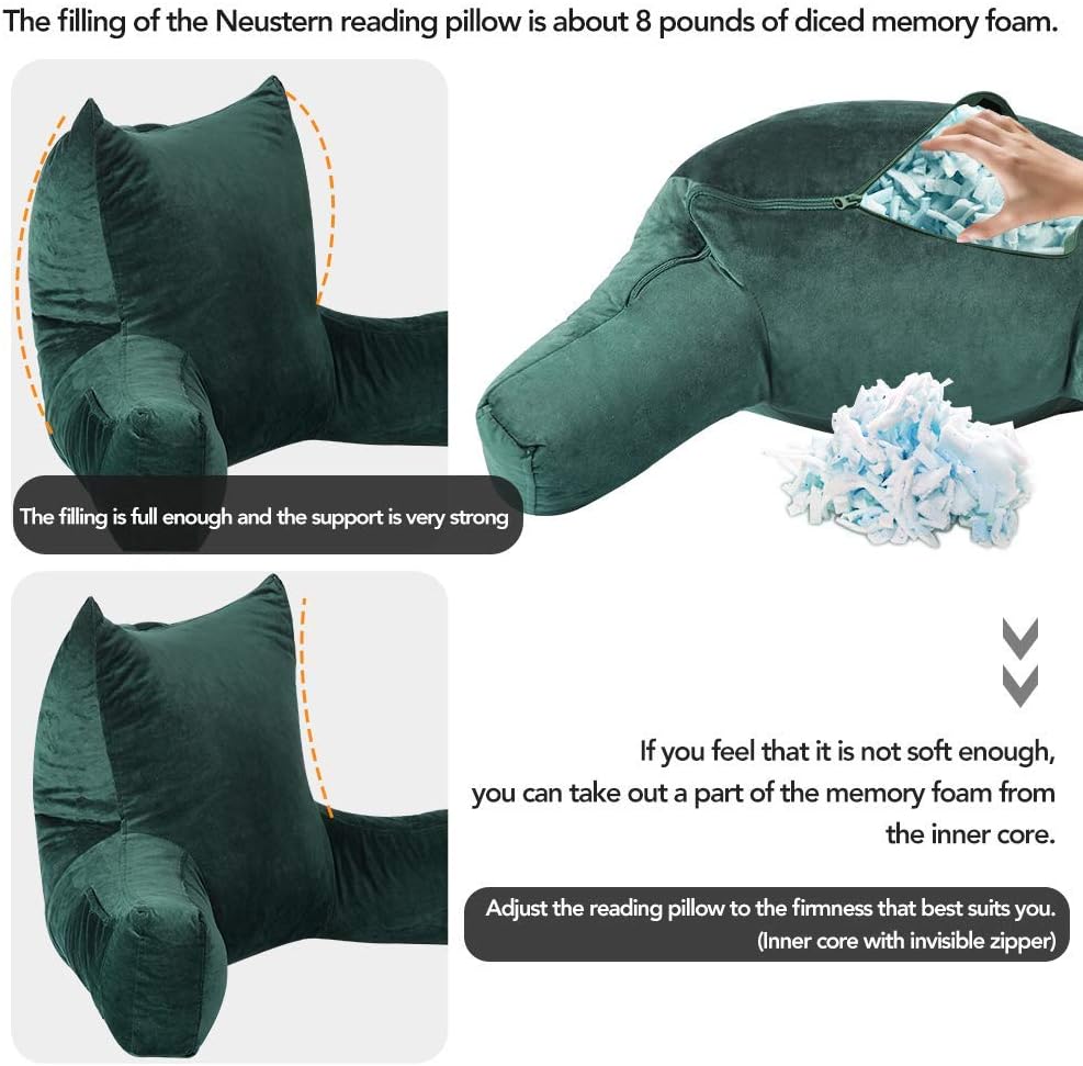 Neustern Reading Pillow for Sitting in Bed Adult, Back Pillow for Bed Shredded Memory Foam Chair Pillow with Arms and Pockets, Backrest…