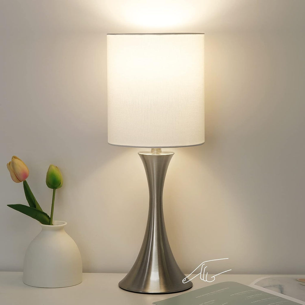 Touch Control Table Lamp, 3-Way Dimmable Bedside Lamp for Living Room, Modern Nightstand Lamp for Bedroom, Silver Table Lamp with White…