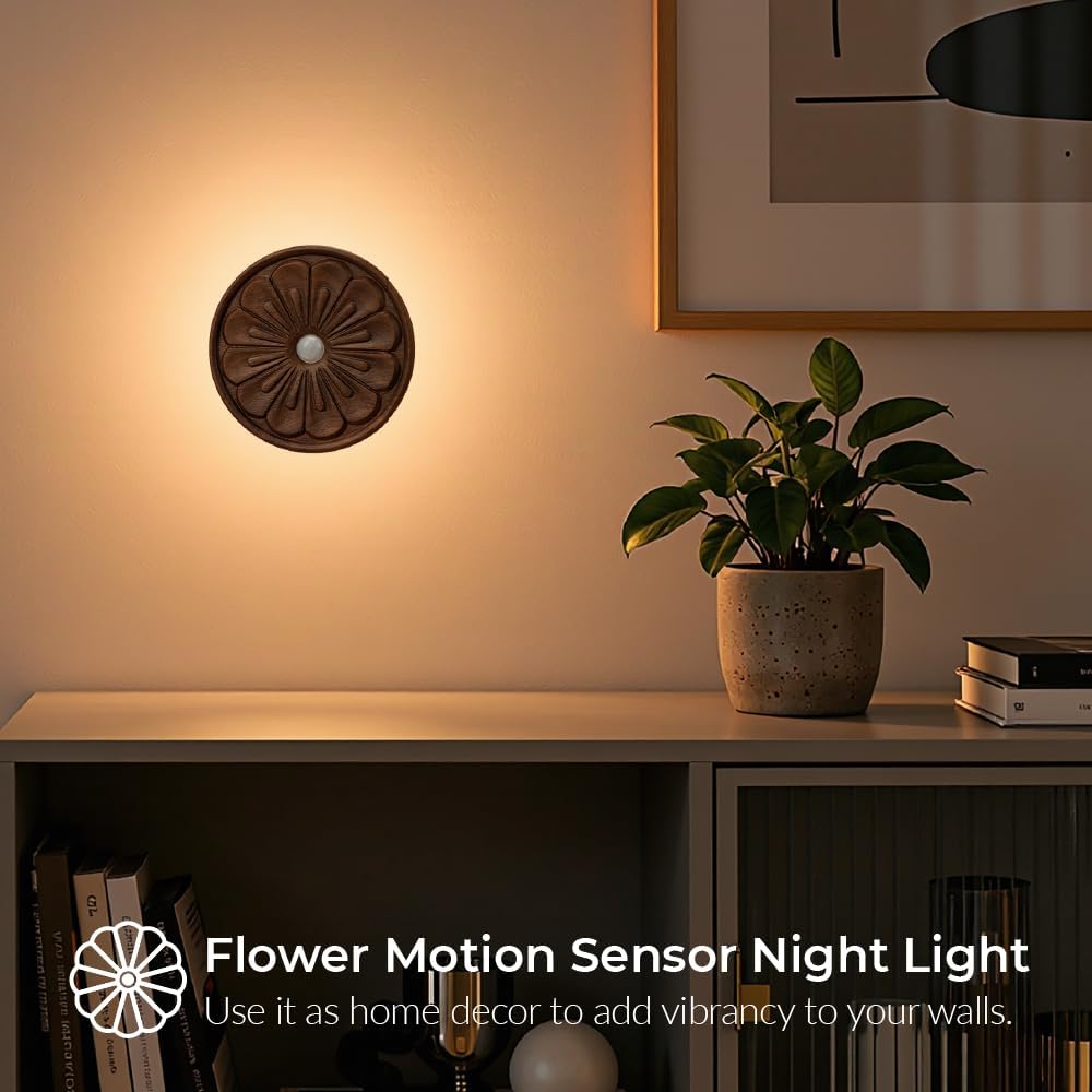 Wood Flower Motion Sensor Night Light, Mini Lamp with Embossed 3D Floral Surface, Rechargeable Warm Light, Stick-On Magnetic Mount for…