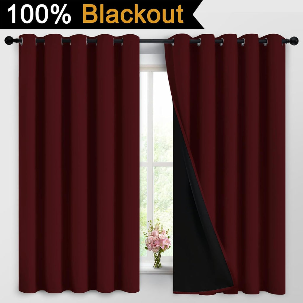 Yakamok 100% Blackout Curtains for Living Room, Noise Reducing Drapes, Thermal Insulated Blackout Curtains for Bedroom(62Wx63L, Burgundy Red…