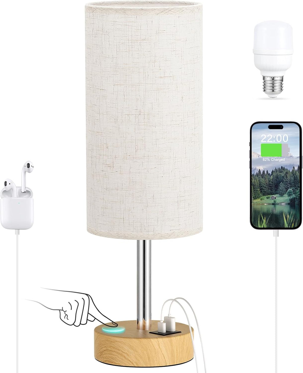 Dicoool Touch Bedside Table Lamp with USB - 3 Way Dimmable Wood Lamp for Bedroom Nightstand, Desk Lamp with Charging Station for Dorm…