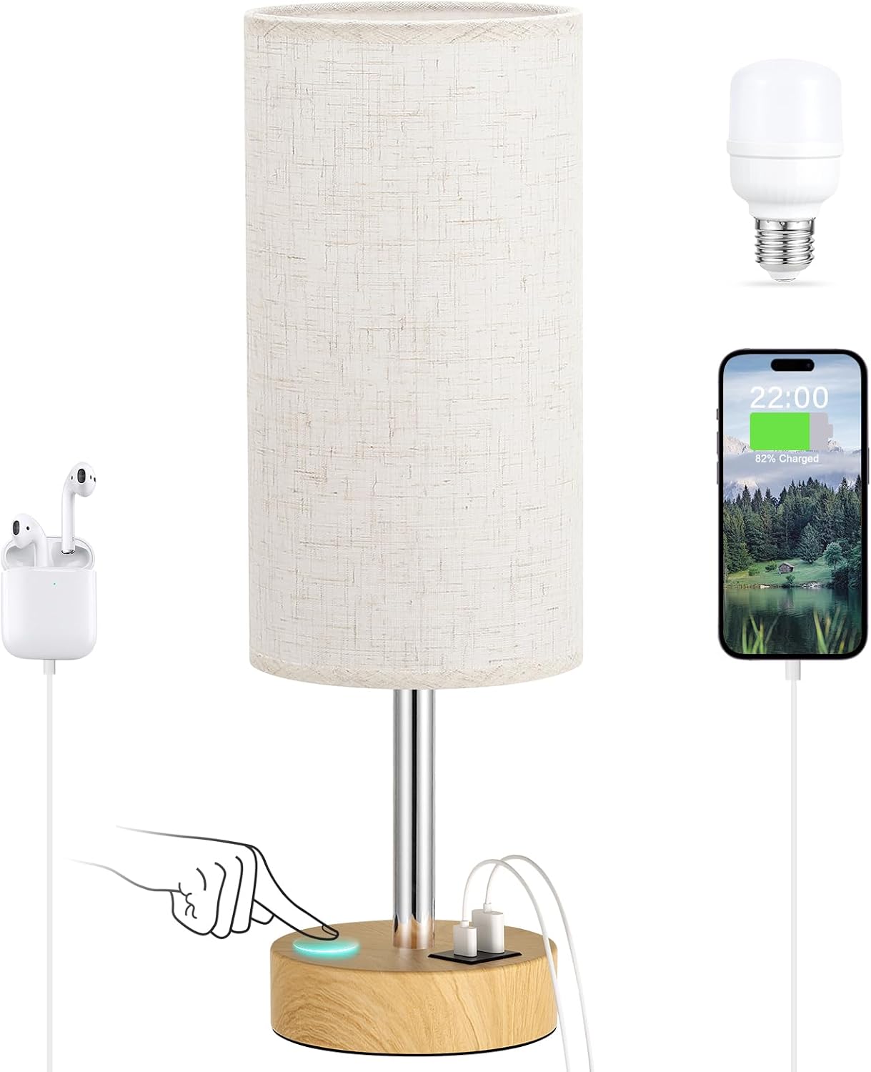 Dicoool Touch Bedside Table Lamp with USB - 3 Way Dimmable Wood Lamp for Bedroom Nightstand, Desk Lamp with Charging Station for Dorm…
