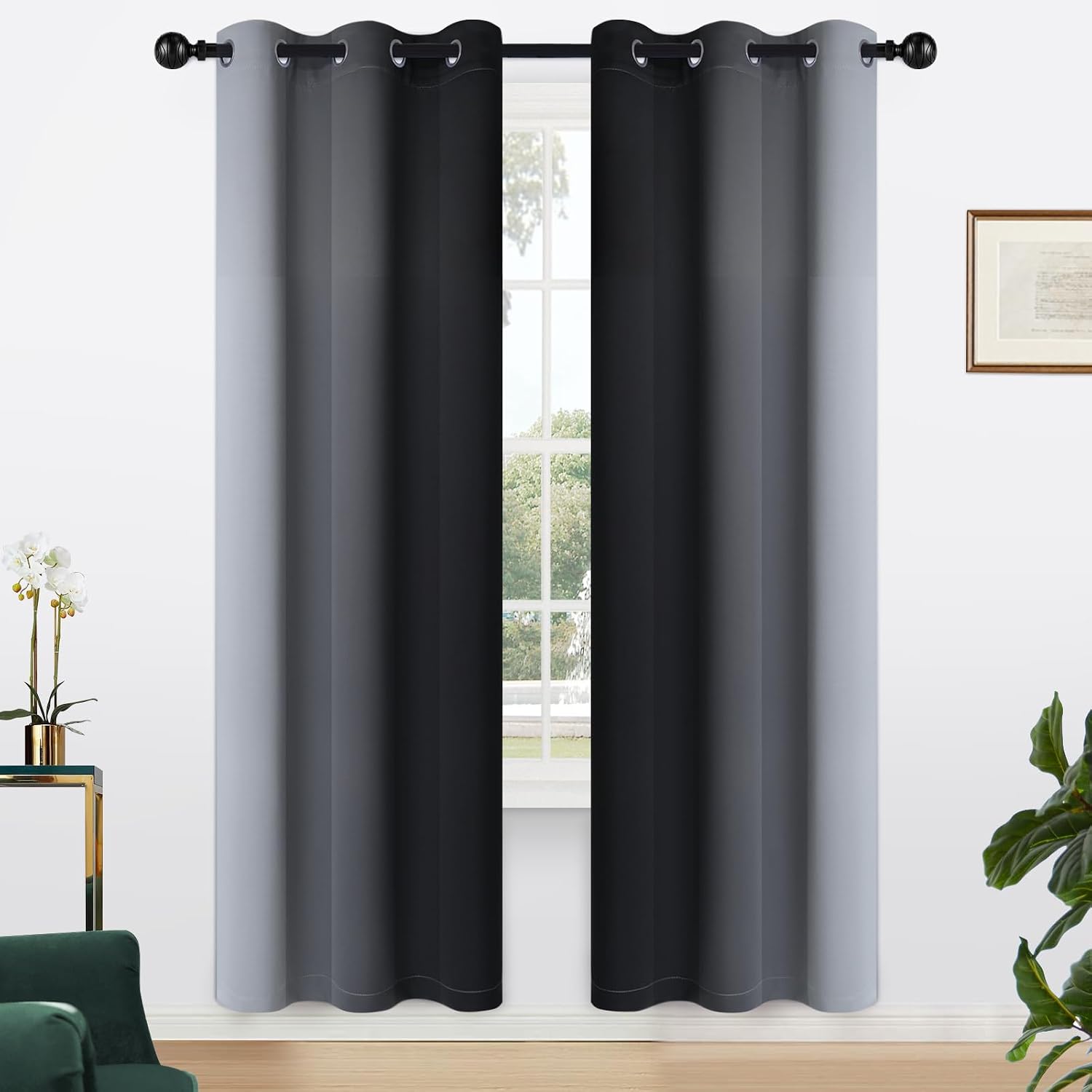 Yakamok Light Blocking Ombre Curtains, Greyish White and Black Gradient Color Curtains, Room Darkening Grommet Window Drapes for Bedroom(Bl…