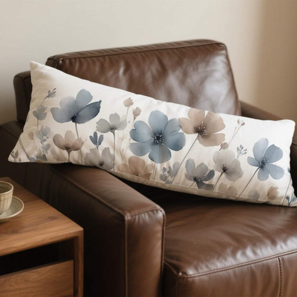 Vintage Watercolor Floral 20x54 Body Pillow Cover, Floral Room Decor, Abstract Blue Gray and White Flowers Botanical Decorative Long Body…