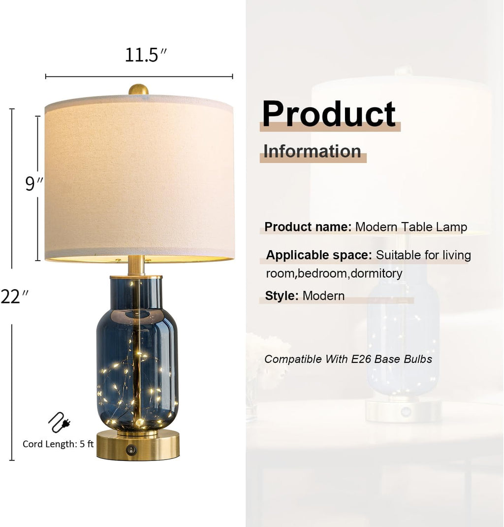 Oneach 22" Glass Table Lamps Set of 2, Blue Modern Bedside Lamp with LED Night Light for Living Room, Nightstand Lamp with USB Ports for Be…