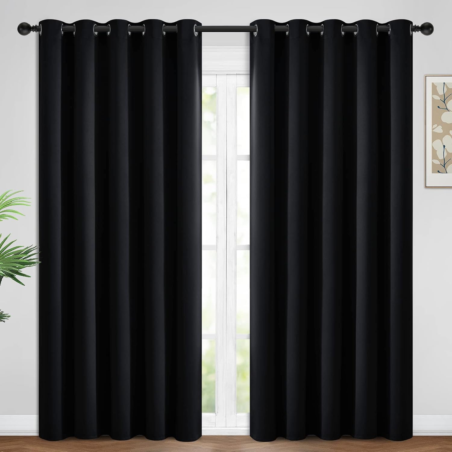 Yakamok Blackout Curtains Room Darkening Thermal Insulated Window Panels, Solid Grommet Top Drapes for Bedroom/Living Room(62Wx96L, Black…