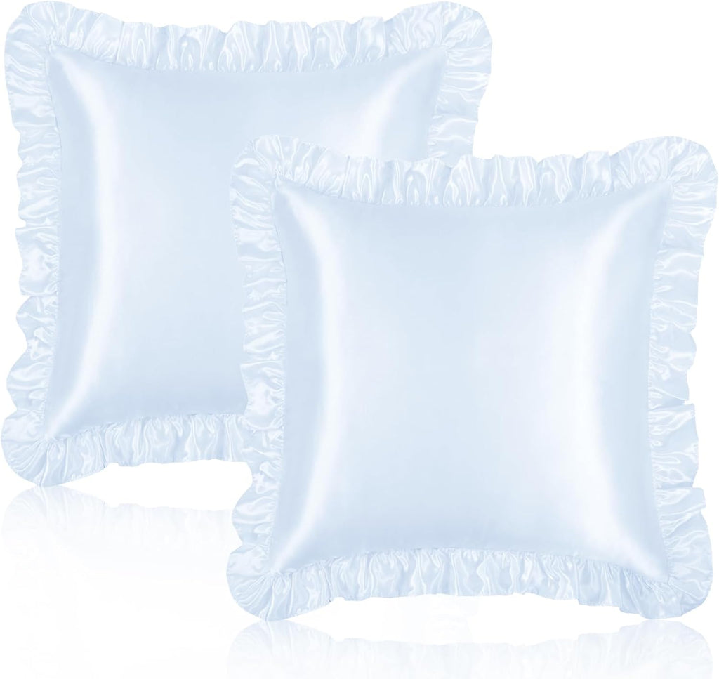 Homiest Ruffle Euro Sham Covers 26x26 Inch Set of 2, Baby Blue Satin Pillow Shams with 3 Inch Wide Decorative Ruffled, European Square…