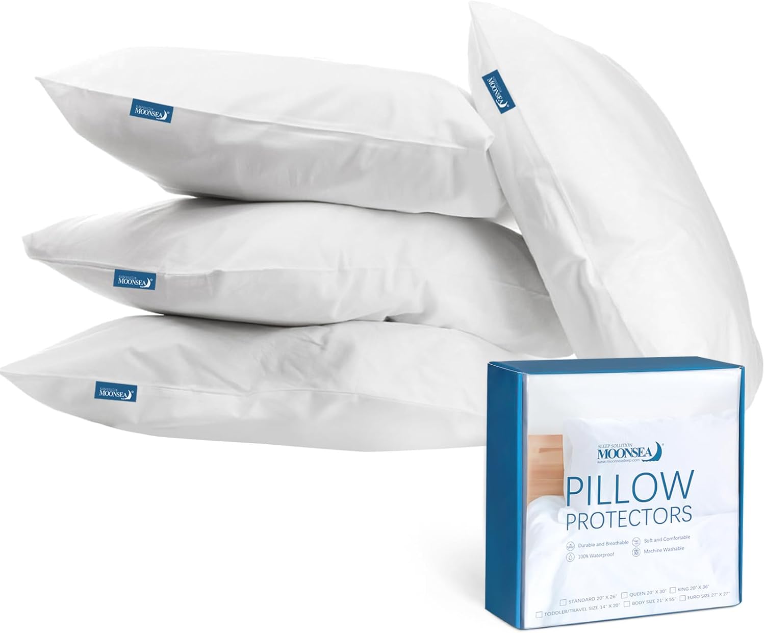 Queen Pillow Protectors with Zipper 4 Pack Queen Size 20 x 30 inch Waterproof Pillow Case Protector Down Feather Proof Pillow Covers…
