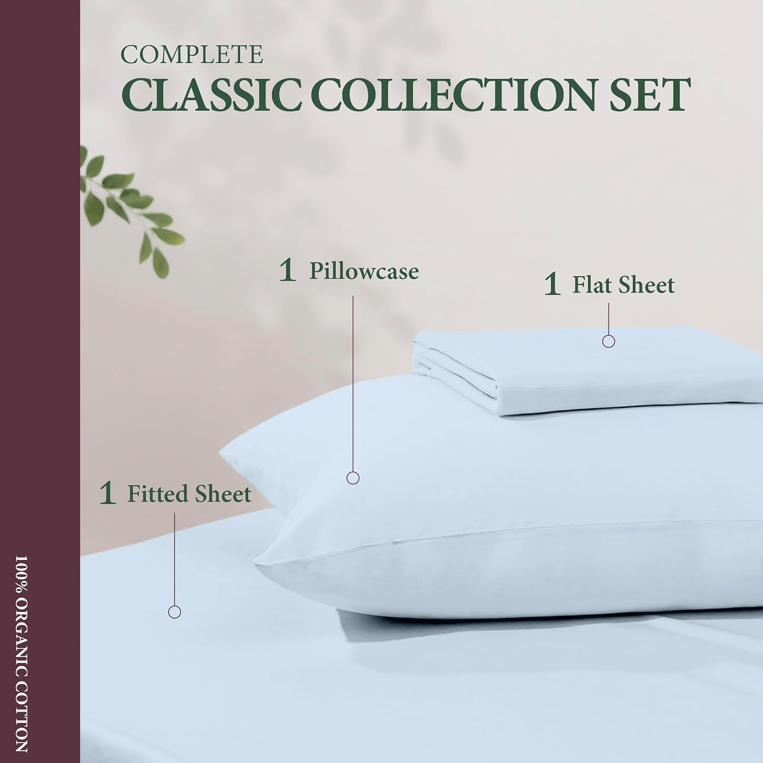 AshtonSheets 100% Organic Cotton Sheets Twin Size - Organic Cotton Twin Size Percale Weave Sheet Set (3 PC, Light Blue), Soft, Cooling, Cri…