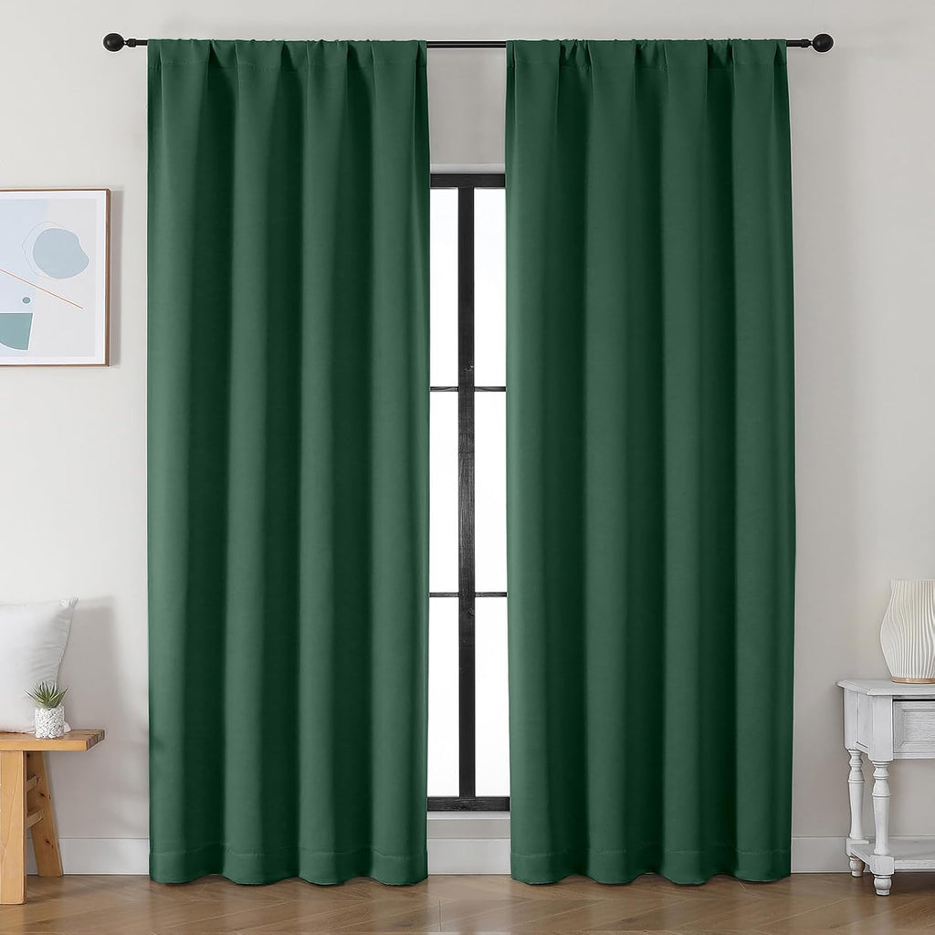 Simplebrand Ava Ever Green Blackout Curtains for Bedroom 90 Inches Long 2 Panels Set, Solid Privacy Energy Saving Living Room Window Treatm…