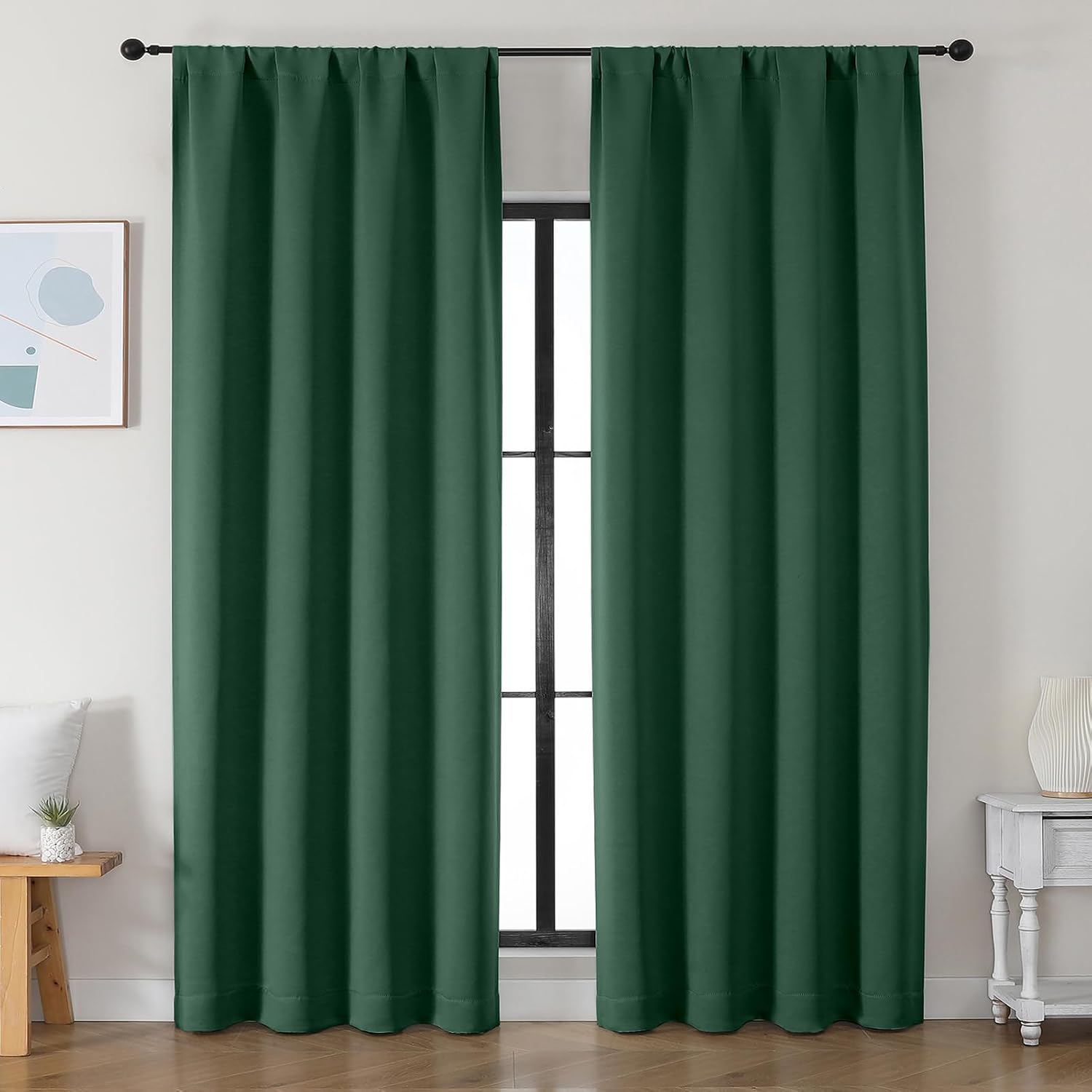 Simplebrand Ava Ever Green Blackout Curtains for Bedroom 90 Inches Long 2 Panels Set, Solid Privacy Energy Saving Living Room Window Treatm…